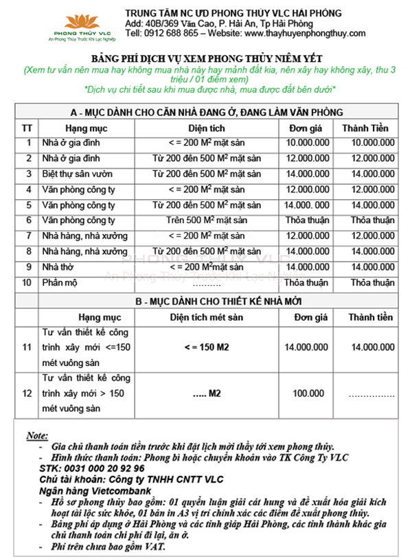 bang phi dich vụ phong thuy vlc 2026